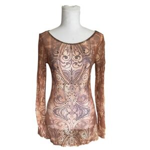 Women's S-Twelve Y2k Embelished Graphic Rhinestone Sheer Stretchy Top Biker Sz M